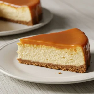 A slice of salted caramel cheesecake on a white plate, drizzled with caramel and sprinkled with sea salt, with a full cheesecake and coffee in the background.