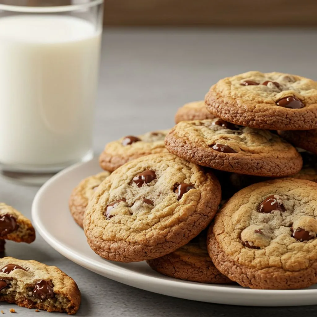 A batch of freshly baked Crisco Chocolate Chip Cookies cooling on a wire rack, with golden brown edges and melted chocolate chips, next to a glass of milk on a rustic wooden table.