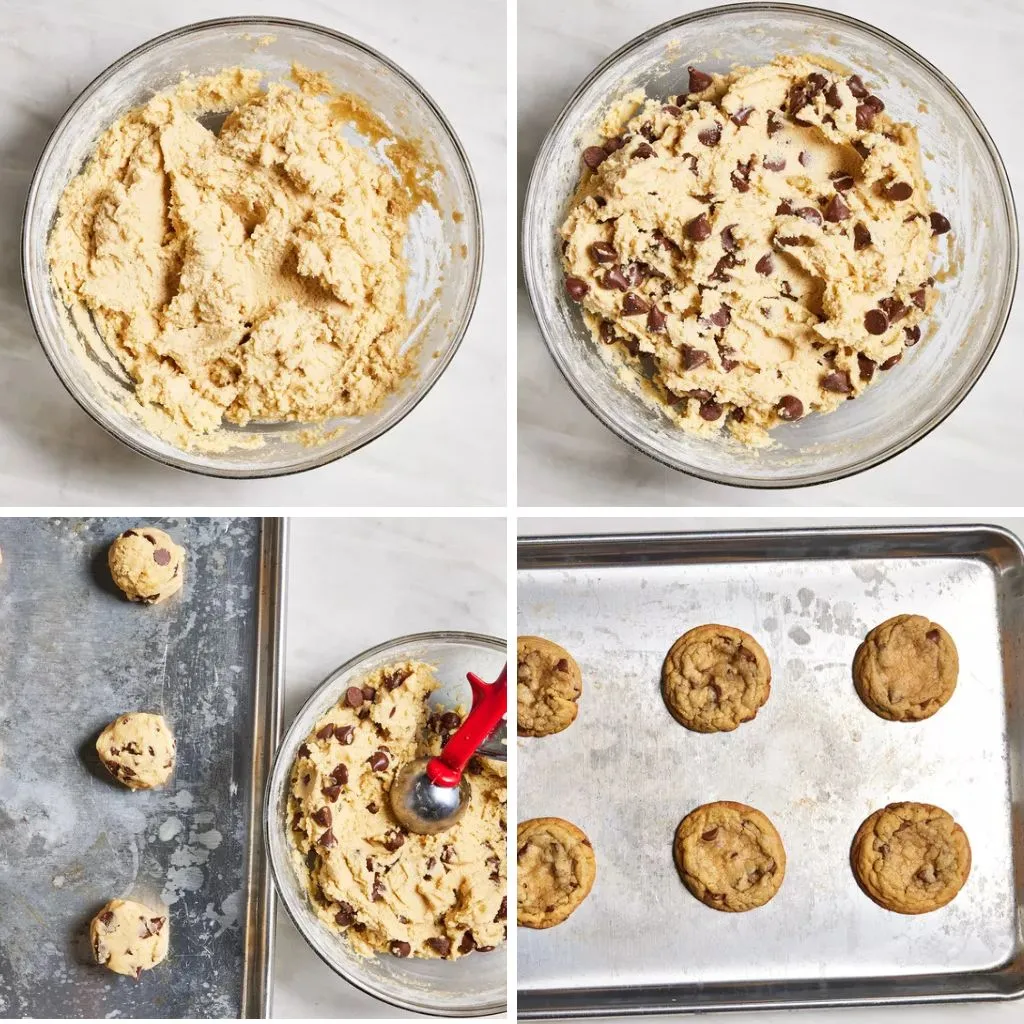 Thick Crisco chocolate chip cookie dough with semi-sweet chocolate chips in a mixing bowl