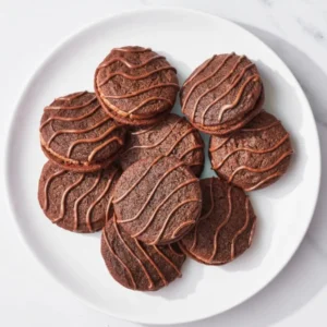 A neat stack of homemade fudge rounds on a rustic tray