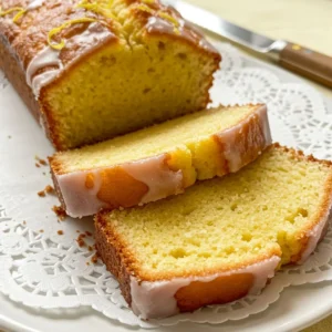 Sliced iced lemon pound cake with lemon glaze on a cutting board, accompanied by a nutrition facts card, fresh lemons, and a cup of tea for a bakery-style presentation.