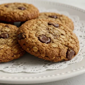 A flat lay of chewy oatmeal raisin chocolate chip cookies with a text overlay showing prep time, cook time, total time, servings, and nutrition facts per serving.