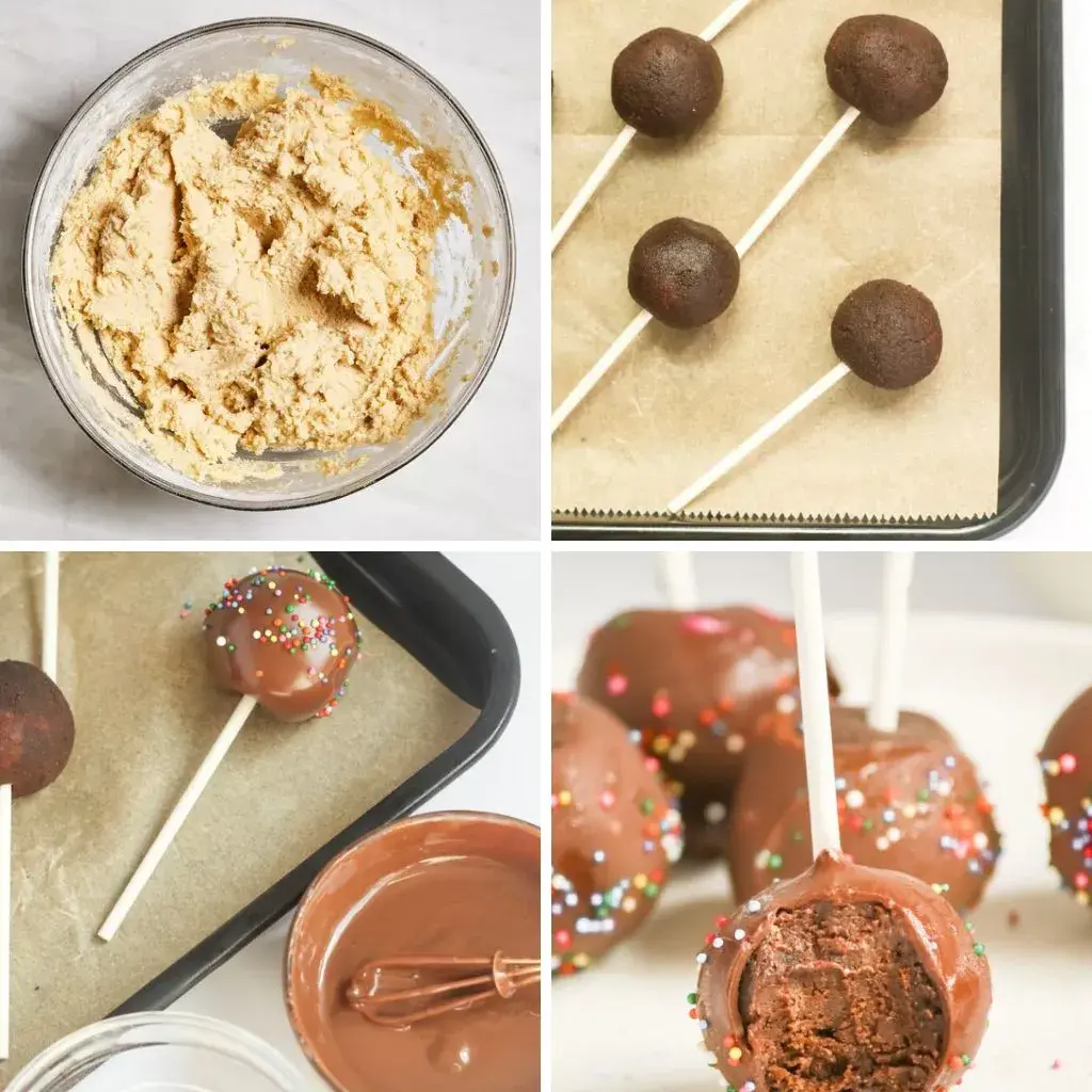 Step-by-step process of making cake pops, including rolling, dipping in chocolate, decorating with sprinkles, and letting them set.
