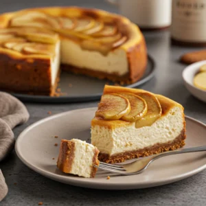 A slice of apple cheesecake with caramel drizzle and spiced apple topping on a plate, with a whole cheesecake in the background on a rustic wooden table.