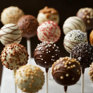 A visually appealing assortment of cake pops featuring five flavors—chocolate, vanilla, red velvet, lemon, and funfetti—arranged on a decorative stand.